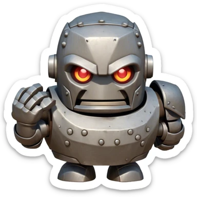 Cinematic Comical Mighty Iron Golem Portrait Emoji Head tilted dramatically with an exaggeratedly amused expression, featuring a bulky, armored form with a slightly lopsided stance, ancient runes flickering erratically, and one massive, jointed hand raised in a slow, deliberate wave. Wide, expressive glowing eyes give it an almost humorous, puzzled look, as if it’s contemplating something far beyond mortal understanding. Rendered with detailed metallic textures and deep, dynamic lighting, high shine, dramatic yet whimsical, styled with a hint of unexpected charm, soft glowing outline, capturing the essence of an endearing yet colossal guardian that looks ready to crack an impossibly slow, earth-shaking joke! sticker