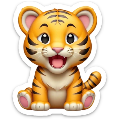 Cinematic Cute Yawning Tiger Cub Portrait Emoji, Head tilted slightly with a dramatic, wide-open yawn, showcasing a small, plush body with drowsy, half-closed eyes and an open, relaxed expression, Simplified yet irresistibly adorable features, highly detailed, glowing with a soft, cozy wild glow, high shine, relaxed yet expressive, stylized with a dash of whimsical jungle charm, soft glowing outline, capturing the essence of a drowsy yet affectionate tiger cub that appears ready to stretch out for a nap! sticker