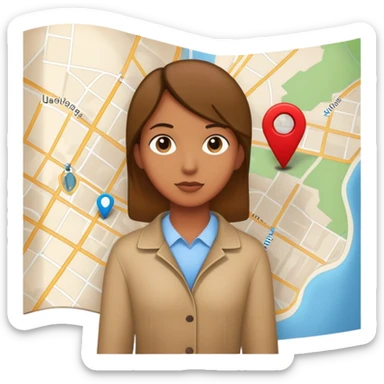 character standing next to location pin on a map sticker