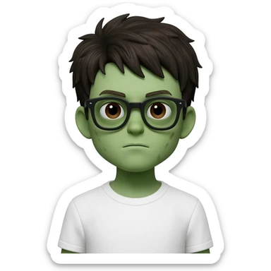 zombie boy with white tshirt and black brownish hair and with black glasses frames on hair is texturized young boy and round face more green face and dark brown eyes sticker