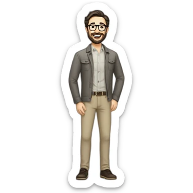 Joyful Full height Pale skinned Fit Man With dark brown hair in gray jacket, beige office shirt, Brown pants and vintage glasses. His thrumbs up. Beard. Black hair sticker