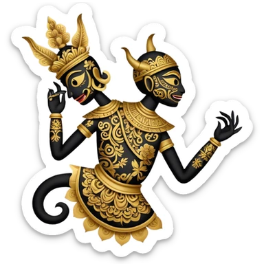 Cinematic Realistic Wayang Kulit Emoji, depicted as an intricate shadow puppet with detailed cut-out figures and traditional patterns, rendered with crisp textures and dynamic cultural lighting that captures its ancient artistry. sticker
