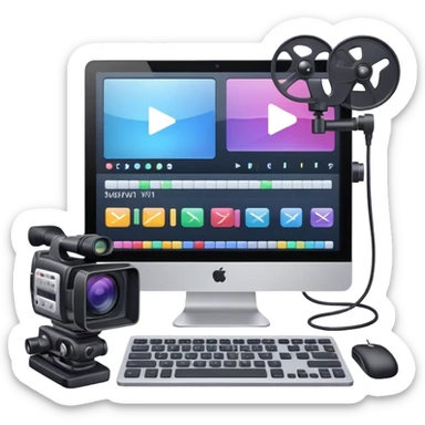 Create an emoji for video editing. Show a computer screen with a video timeline, clips, and editing tools (e.g., scissors). Add a video camera. Use modern, professional colors. Do not include any emojis or smiley faces. Make the background transparent sticker