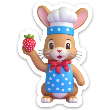 A 3D iOS 18-style bunny wearing a blue chef hat with white polka dots and a red strawberry. The bunny should have a light brown fur texture with darker brown ears and a cute, friendly expression. sticker