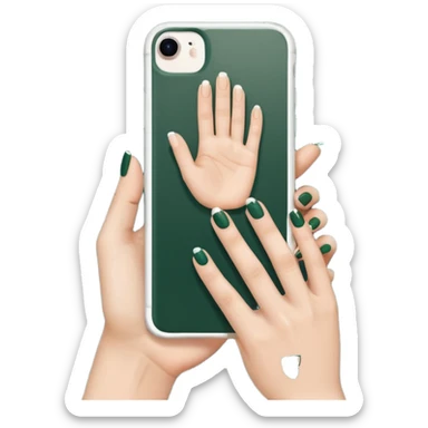 female hand with nude manicure (5 fingers) holding white iPhone in dark green case, minimalism, bottom view, emoji style sticker