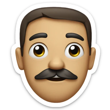 a square emoji with the right eye closed, both arms raised, triangle nose, frowning mouth, with 2 teeth, straight hair, with a mustache, the left eye an x, with a heart tattoo sticker