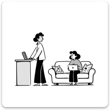 escenary 3d of a cozy mid-century living room with two people working on laptops, one man standing at a desk and one woman sitting on a couch, two walls and floor visible sticker