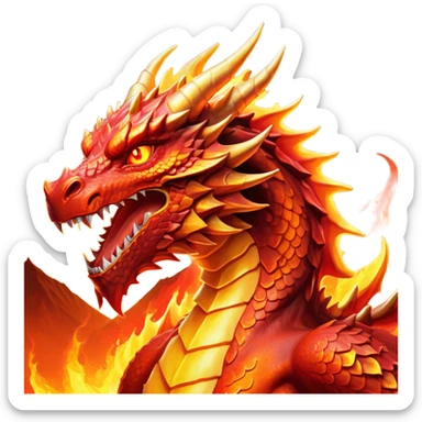 Cinematic Noble Fierce Fire Dragon Portrait Emoji, Poised and imposing, with a muscular, scaled body ablaze in fiery hues of crimson, molten orange, and molten gold, and intense, burning eyes that mirror the heart of a volcano; rendered with lifelike texture and dynamic natural highlights, high shine, formidable and intense, styled with an aura of scorching mythic power, focused and resolute, soft glowing outline, capturing the essence of a legendary inferno poised to ignite the screen with timeless ferocity! sticker