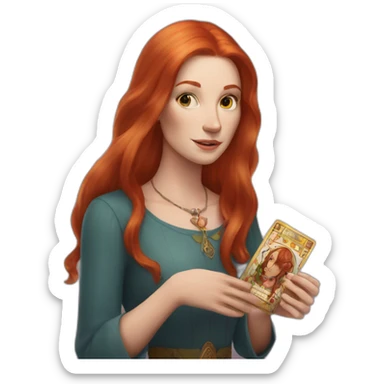 redhead white woman medium long straight hair, holding a tarot card in her hand sticker