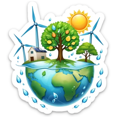 An icon featuring a green Earth, a tree, recycling symbols, and renewable energy sources like wind turbines, solar panels, and hydropower. The design includes animals, water droplets, and the sun, representing ecology, sustainable energy, and environmental protection. Transparent background. sticker