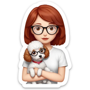 Girl with medium-short dark brown-red hair with glasses, white t-shirt, brown eyes, hugging a white toy poodle sticker