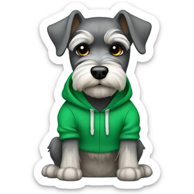 Mini schnauzer with a Kelly green hoodie. Hood has frog eyes in the top sticker