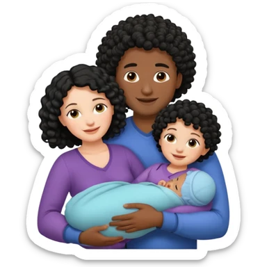 family: white woman curly black hair, black man with short black frizz hair, one 2 y o daughter mixed skin color , and a newborn in the and of the mother sticker