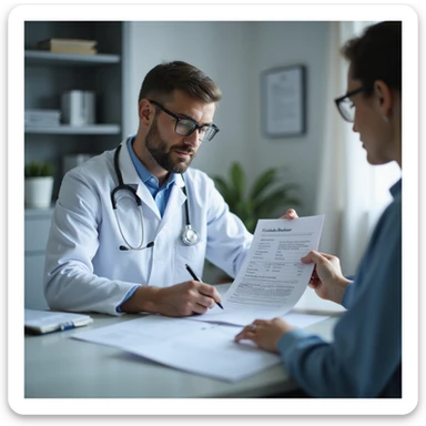 hyperrealistic 4K image of a doctor filling out a prescription on letterhead, writing 'Tiroide secca di maiale', patient watching attentively, clinical office environment sticker