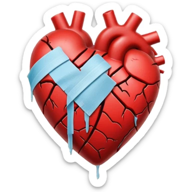 Un corazón roto con grietas  sangrando y expulsando sangre rodeado de vendas y tiritas que se despegan sin hacer efecto SIN CARA sticker