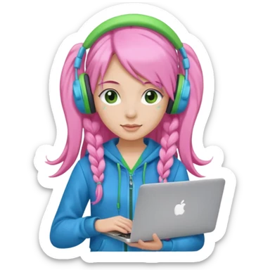 Create an emoji of a woman with long pink twin-tail hair. She is a game streamer, wearing green headphones, holding a MacBook, and dressed in a blue outfit. sticker