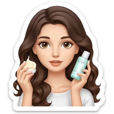 beautiful brunette with a light balayage white girl with nice curls/defined waves, very long hair, clean girl makeup APPLYING A FACE CREAM ON HER FACE sticker
