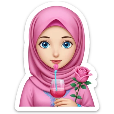 Turkish beautiful finish Konya girl blue eyes with pink hijab islamic dress and had on her hand rose mocktail sticker