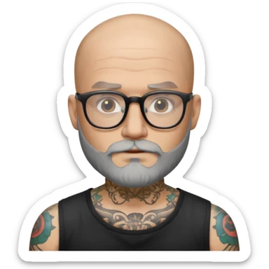 Bald man with salt and pepper beard and glasses and tattoos sticker