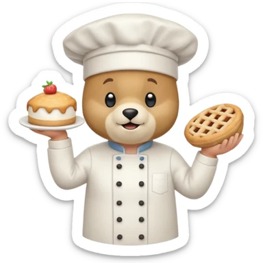 quiero un oso de pie con un delantal de pastelería y un gorrito de chef que una mano tenga una manga pastelera y este feliz divertido sticker