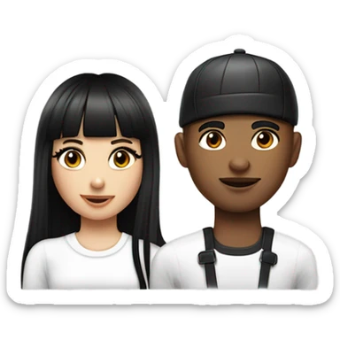 couple of teenagers, black-haired woman with bangs and long straight hair, with long eyelashes, eyeliner and a septum piercing next to a young man with short hair with curlers and a white jockey cap sticker