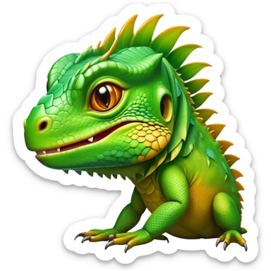 Cinematic Realistic Cute Iguana Portrait Emoji, Head tilted playfully and inquisitively, featuring a compact, agile build with a glossy, intricately scaled body in vivid green hues and a characteristically expressive face with bright, curious amber eyes, rendered in lifelike detail with natural highlights, high shine, affectionate and lively, styled with a touch of tropical whimsy, soft glowing outline, capturing the essence of a mischievous yet lovable iguana that seems poised to scurry out of the screen into your arms! sticker