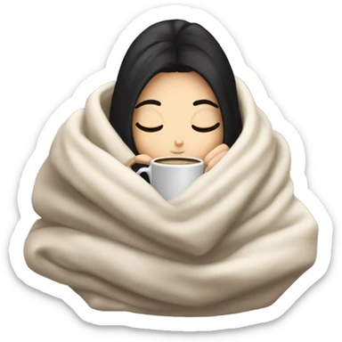 white girl with black hair inside a blanket sipping coffee eyes closed sticker