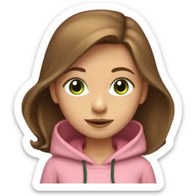 A girl with brown long hair, fair skin and green eyes, working at a modern laptop in a plain pink hoodie sticker