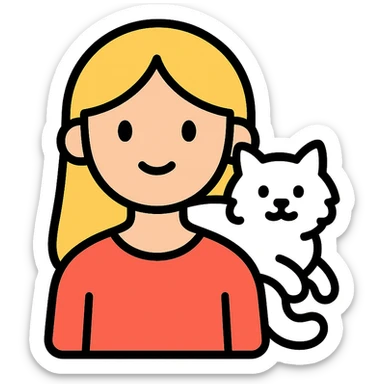 a girl with long blonde hair, a white fluffy cat draped over her left shoulder, outlined color icon style for chat platforms sticker