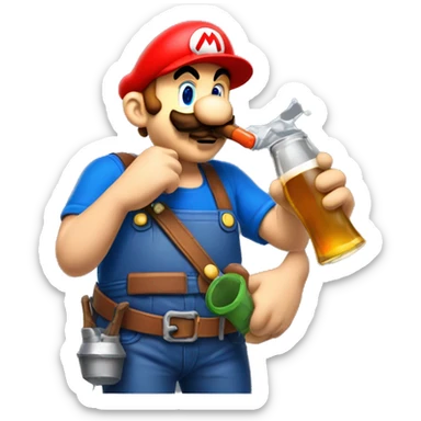 Mario plumber drinking beer with a shirt that reads “HOPE” with a pipe wrench logo sticker