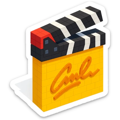 voxel style movie clapperboard with a gold director's signature, isometric view sticker