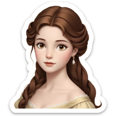 Cinematic Realistic Belle Portrait, depicted with lifelike skin texture, soft natural lighting, and intricately detailed brown hair styled elegantly. Her deep, expressive eyes exude warmth and intelligence, complemented by a serene and graceful expression. She is dressed in her classic attire, with rich fabric textures and delicate folds that catch the light beautifully. The portrait features a soft, enchanting glow with a natural, radiant finish, capturing the essence of timeless beauty in a realistic and painterly style, evoking a sense of depth and authenticity. sticker