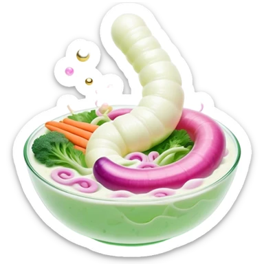 Ethereal bowl of bright white yogurt, translucent fermented vegetables, and golden bubbles gently floating around a luminous spiral intestine, vibrating in green and pink tones of balance and life. The scene shows probiotic foods connecting with and nourishing a glowing digestive system. sticker