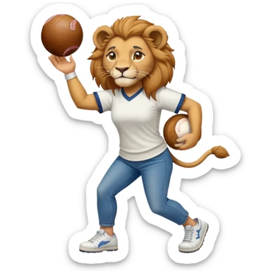 confident anthropomorphised female lion wearing a baseball shirt, jeans, and trainers, lifting an object sticker