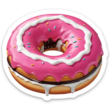 White icing running through a pink donuts hole spilling out onto a black couch to make a sticky mess sticker