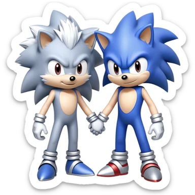 Blue Sonic the Hedgehog and silver-colored Silver the Hedgehog holding hands together side by side sticker