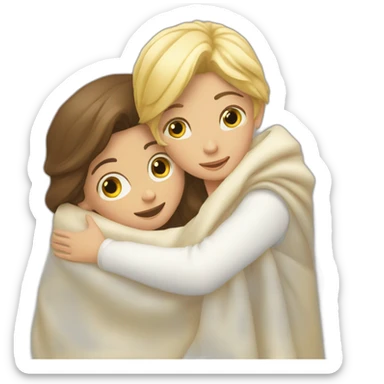 Brunette Girl and blonde boy hugging rolled in a Blancket sticker