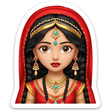 a pretty bratz fair indian girl wearing a red indian wedding outfit with dupatta on head,  golden jewellery, black wavy hair sticker