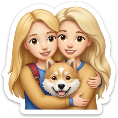 A white girl happily hugs a golden retriever and a husky sticker