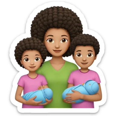 Family with a dark woman only with an afro hairstyle and a green shirt, two children: a boy with straight hair and a blue shirt, and a baby girl in a pink shirt. All are smiling. sticker