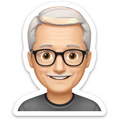 man 60 short grey hair, brown eyes small black rectangle glasses, no beard and no mustache sticker