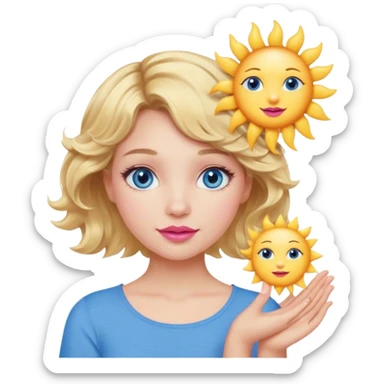 Girl Blonde short wavy hair,  blue eyes, cute blue top, long lashes, pink lips, holding the one sun   sticker