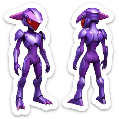 a shiny purple-red Genesect-Raptor-Fakémon—hybrid with a futuristic visor-helmet full body sticker