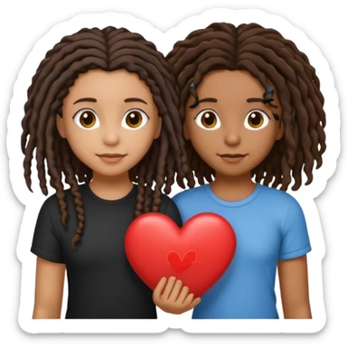 2 gay girls one with tan skin and curly dark brown hair and another with brown skin and black shoulder length dreads standing together with a heart  sticker