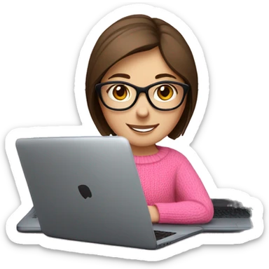 Russian smile Girl with straight brown hair and black glasses frame and in pink sweater working behind laptop sticker