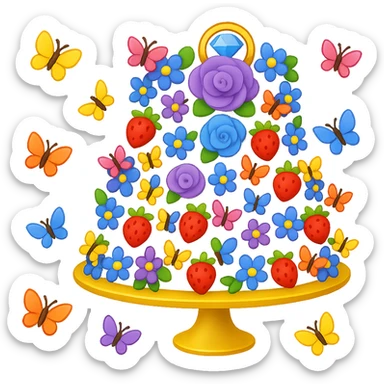 Add small colorful butterflies to the white wedding cake with strawberries, blue and purple flowers, gold ring topper. Style: emoji style. Remove background. sticker