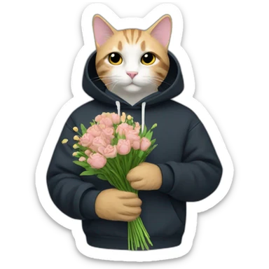 Cat in blach sweatshirt adidas holding bouquet of flowers sticker