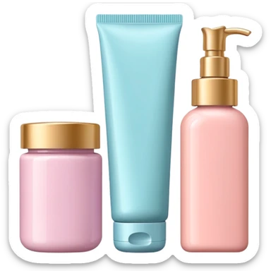 emoji of three different beauty products, with labels, minimalistic but luxury design (realistic), pastel colors sticker