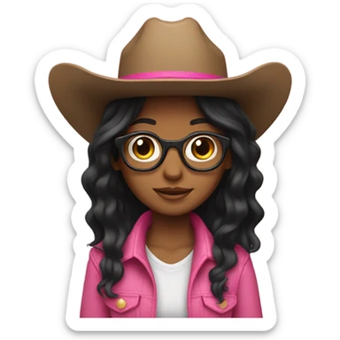 Girl with glasses and black long hair wearing a pink cowboy hat sticker