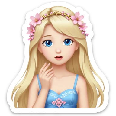 Girl with long blond hair and sakura accessories on her hair with a long dress and have blue eyes beautiful finish and she sending lovely kisses  sticker